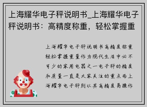 上海耀华电子秤说明书_上海耀华电子秤说明书：高精度称重，轻松掌握重量